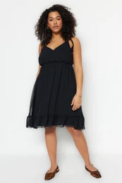 Curve Black Chiffon Dress with Woven Straps