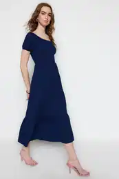 Navy Blue Carmen ovratnik A-line Maxi pletena obleka