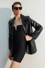 Black Woven Oversize Faux Leather Blazer Jacket
