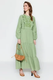Khaki Ruffle Detailed Embroidered Woven Dress
