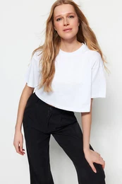 White 100% Cotton Premium Crop Crew Neck Knitted T-Shirt