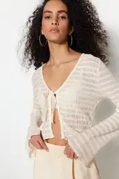 Ecru Premium Tie Detail Textured V Neck Elastic Knitted Blouse