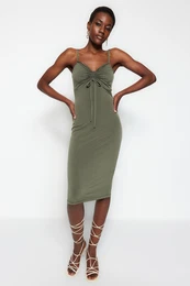 Khaki je shirred detajl, opremljen srni ovratnik Midi fleksibilna pletena obleka