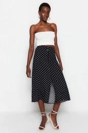 Black Midi Woven Button Detailed Viscose Fabric Polka Dot Skirt