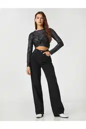 Long Sleeve T-Shirt Crop Sparkling Crew Neck Ruffle Detailed.