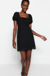 Black Straight Cut Mini Woven Chiffon Lined Square Collar Woven Dress
