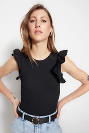 Black Ruffle Detail Ribbed Crew Neck Flexible Snaps Knitted Bodysuit