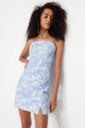 Blue Plain Cut Mini tkani trak Vzorasta tkana obleka