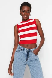 Red Crop Striped Knitted Thin Blouse