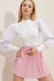 Trend Alaat Stili Women's White High Neck Thin Ribbed Princess Poplin Sleeve Woven Blouse