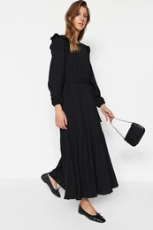 Black Belted Ruffled Shoulder Skirt Flounced Lined Viscose Blend Woven Dress