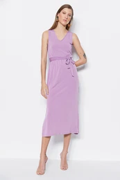 Purple Tie Detailed Midi V-Neck Stretchy Knit Dress