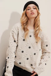 Trend Alaat Stili Women's Beige Crew Neck Motif Embroidered Knitwear Sweater