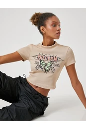 Crop T-Shirt Stand Collar Short Sleeve Printed