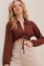 Trend Alaat Stili Women's Brown Polo Neck Front Gathered Long Sleeve Crop Knitted Blouse