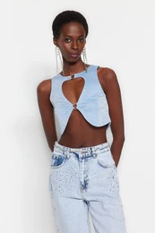 Blue Crop Window/Cut Out Detailed Knitted Bustier with Accessories