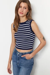 Navy Blue Crop Striped Knitwear Thin Blouse