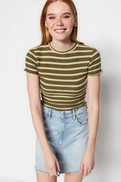 Khaki Striped Baby Overlock Detailed Fitted Crop Ribbed Knitted Blouse