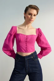 Fuchsia Woven Balloon Sleeve Blouse