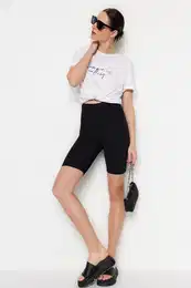Black High Waist Slimming Biker Interlock Knitted Tights