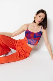 Blue Patterned Fitted Crop Tulle Stretch Knitted Blouse with Straps