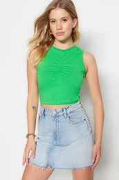 Green Shirred Detail Fitted/Simple Crop Crew Neck Stretchy Cotton Knitted Blouse