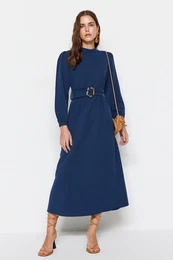 Navy Blue Belted High Collar Linen Look Woven Dress