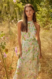 Ecru pasu A-line Midi tkana podloena cvetlina obleka