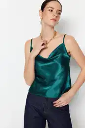 Green Woven Strap Satin Back Tie Collar Blouse