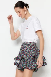 Multicolored Ribbon Patterned High Waist Mini Knitted Shorts Skirt