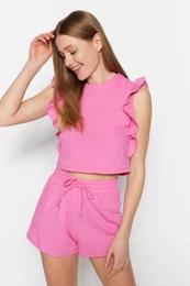 Pink 100% Cotton Frilled Shorts Knitted Pajama Set