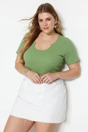 Curve Dark Mint Collar Detailed Knitted T-shirt
