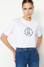 White 100% Cotton Embroidered Crop Crew Neck Knitted T-Shirt