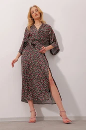 Trend Alaat Stili Women's Black Double Breasted Collar With Waist Belt and Lined Inner Patterned Patterned Satin Dress