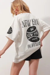 Trend Alaat Stili Women's White Crew Neck Front And Back Digital Printed Two Thread Unisex Oversize T-Shirt