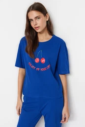 Navy Blue 100% Cotton Cherry Printed T-shirt-Pants Knitted Pajama Set