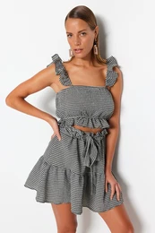 Gingham Patterned Woven Ruffle Blouse and Skirt Set