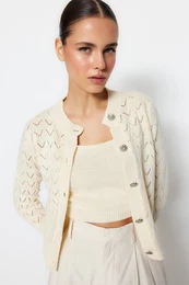 Stone Button Detailed Openwork/Holehole Blouse-Cardigan Suit