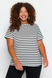 Curve Black and White Striped Boat Neck Knitted T-shirt