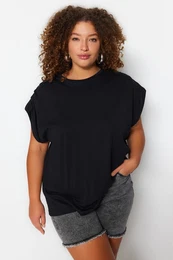 Curve Black Crew Neck Basic 100% Cotton Knitted Plus Size Blouse