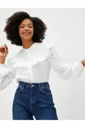 Balloon Sleeve Blouse Viscose Crew Neck Ruffle Buttons