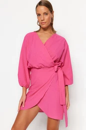 Pink Mini Woven Double Breasted 100% Cotton Beach Dress