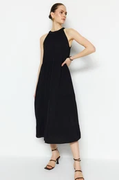 Black Wide Cut Woven Halter Neck Maxi Woven Dress
