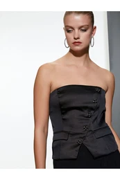 Satin Strapless Evening Dress Blouse with Button Detail