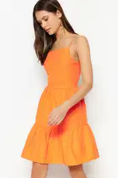 Orange Woven Strappy Decollete Mini Woven Mini Dress