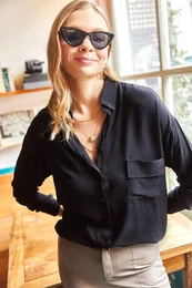 Women's Black Single Pocket Woven Viscose Shirt