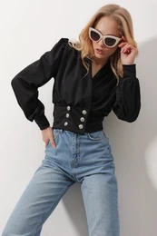 Trend Alaat Stili Women's Black Double Breasted Collar Princess Cuff Button Detailed Crop Blouse