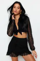 Black Woven Ruffle Beach Shorts & Bermudas