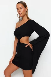 Black Fitted Mini Woven Cut Out/Window One-Shoulder Beach Dress