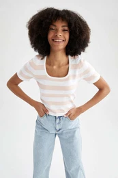 Slim Fit Striped Round Neck Short Sleeve Knitwear T-Shirt